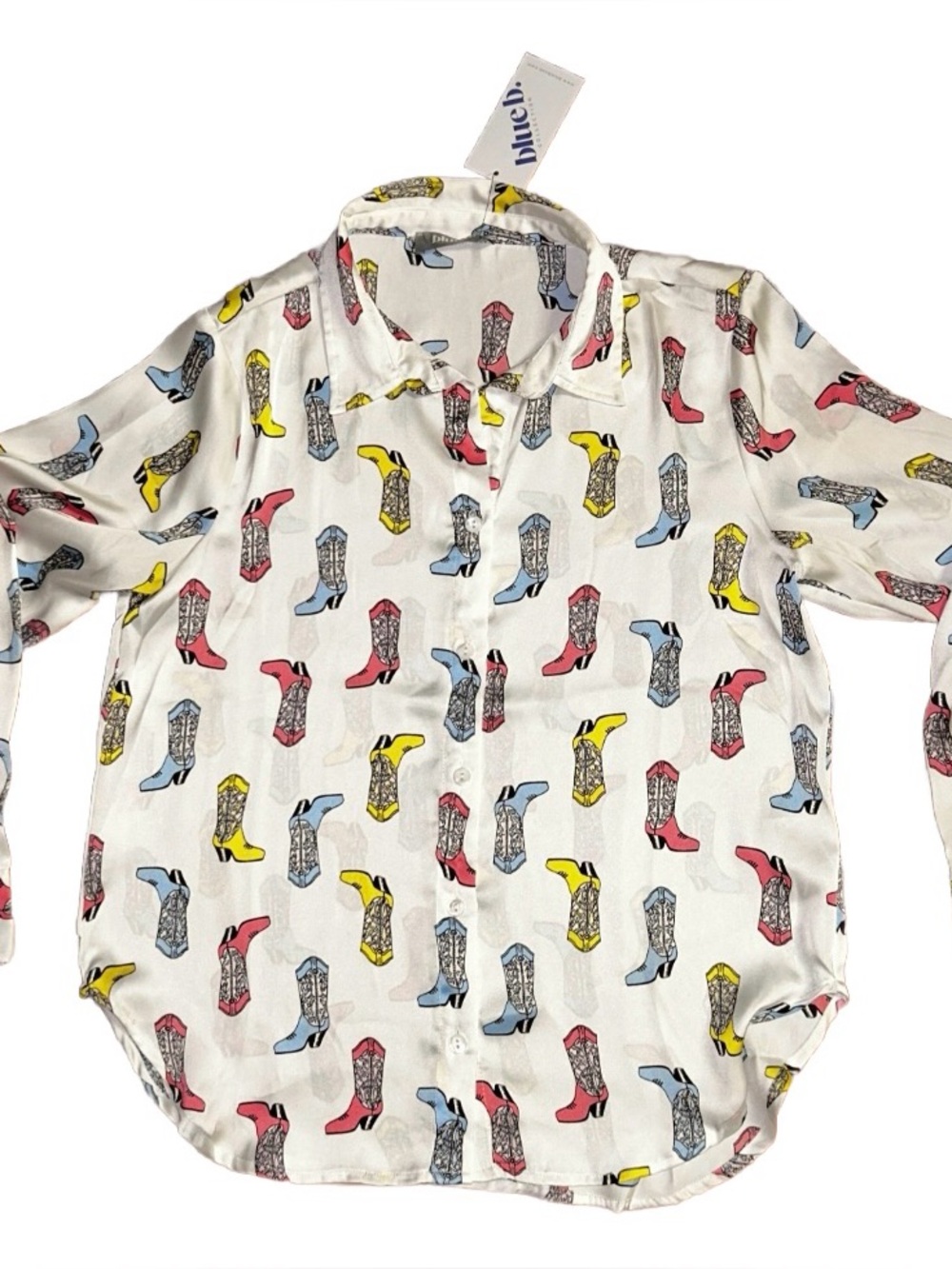 Blue B Collection ~ Medium ~ White W/Multi-Colors Cowboy Boots Print Shirt ~ New